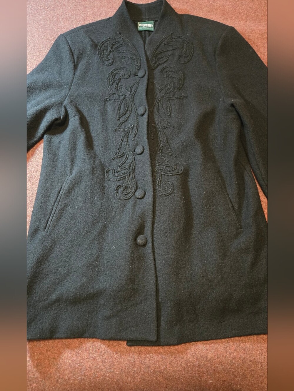 Vintage Geiger Black Wool Jacket Black Baroque Embroidery & Buttons Austrian 40